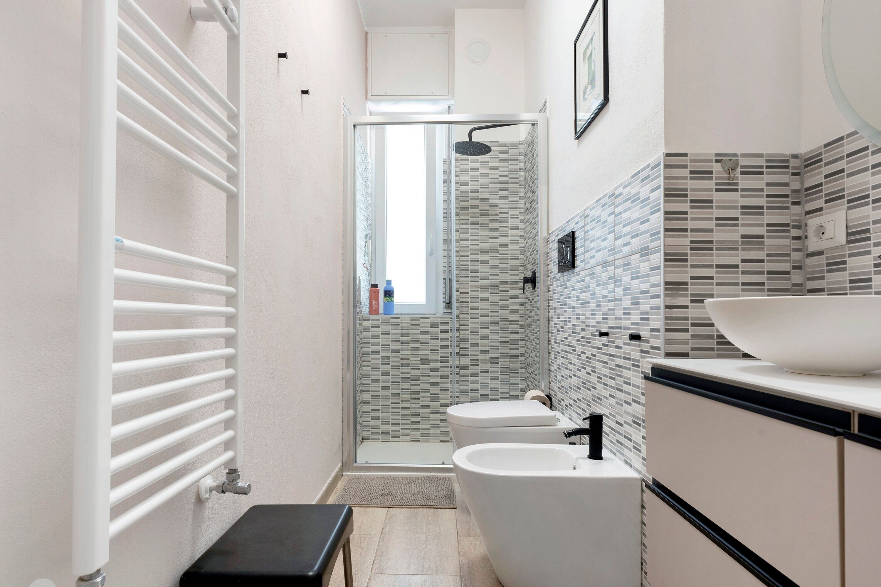 Shower, hair dryer, towels