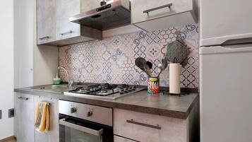 Una cucina con piano cottura a gas, forno, pensili in acciaio inossidabile e schienale decorato.