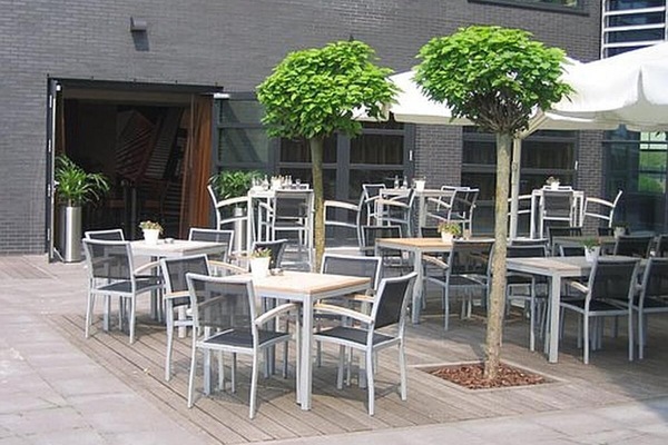 Unwind outdoors with drinks and conversation under shady trees.