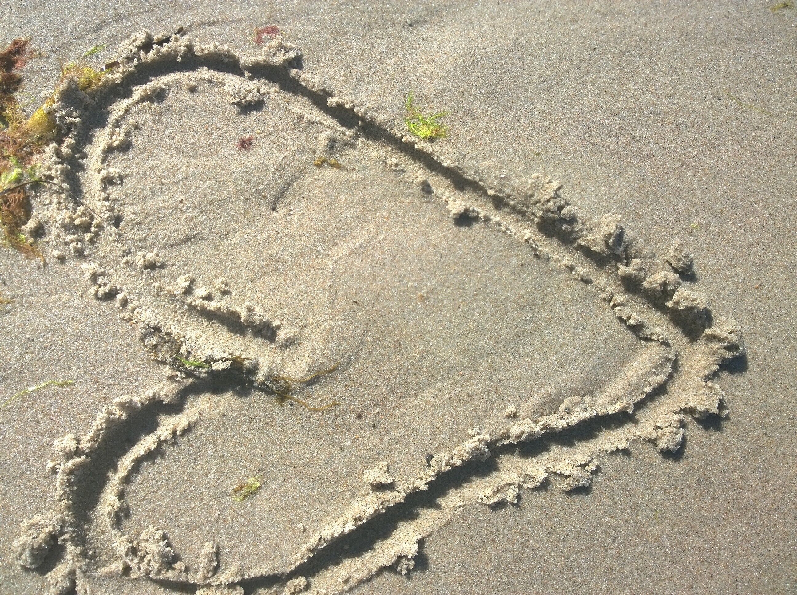 A sandy area with a heart-shaped pattern.