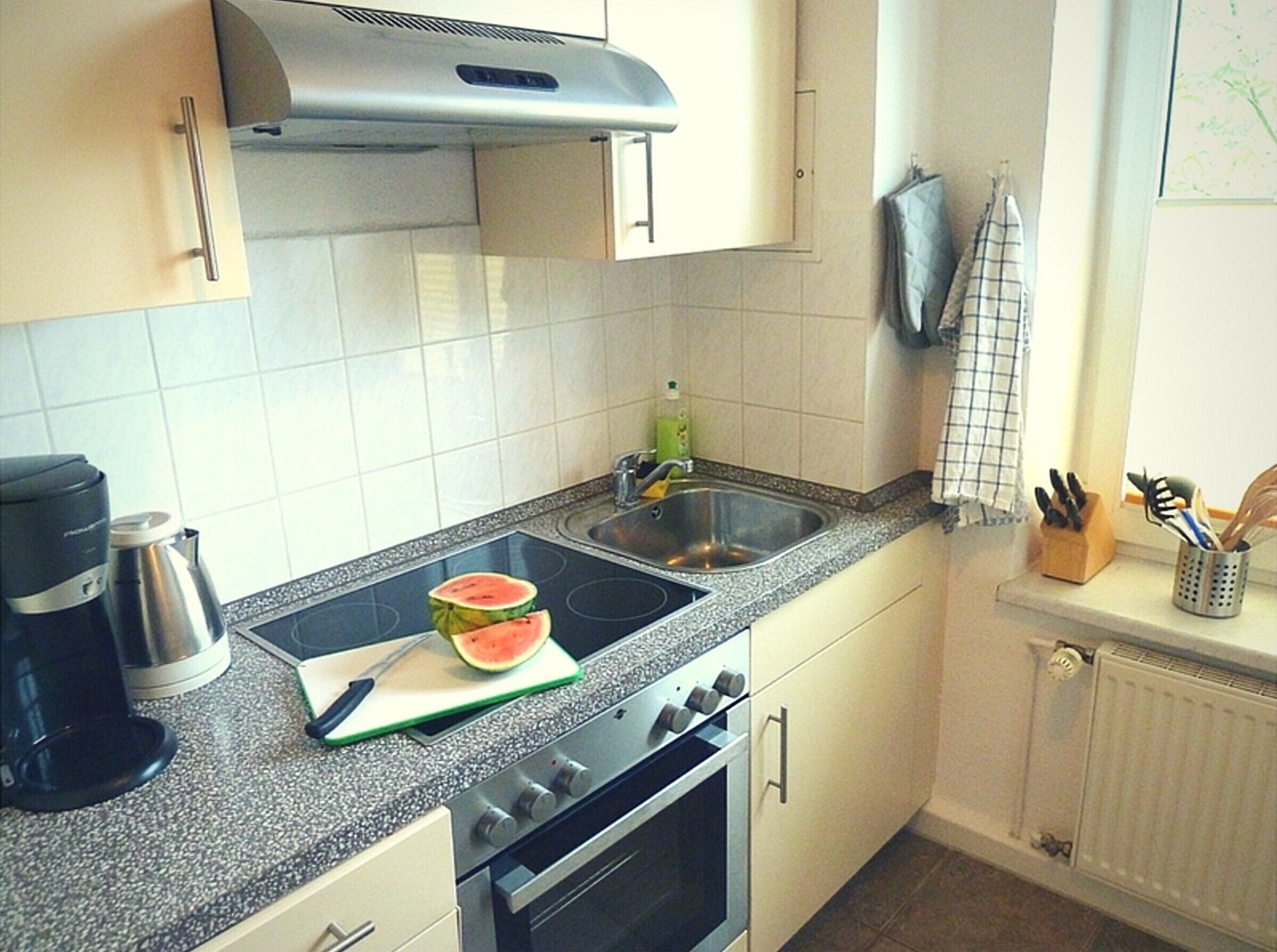 Eine Küche mit Herd, Spüle und einer Arbeitsfläche mit Schneidebrett und Wassermelone.