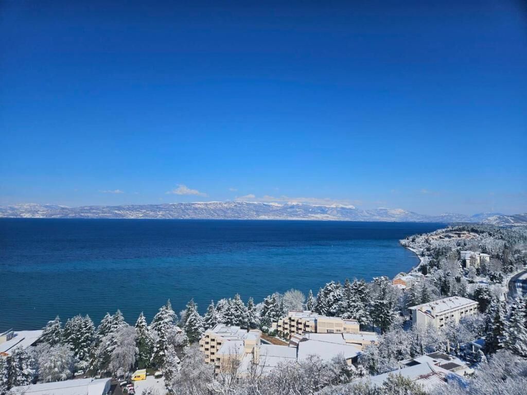 Une ville côtière avec des bâtiments, un ciel bleu dégagé et une vue sur la mer.