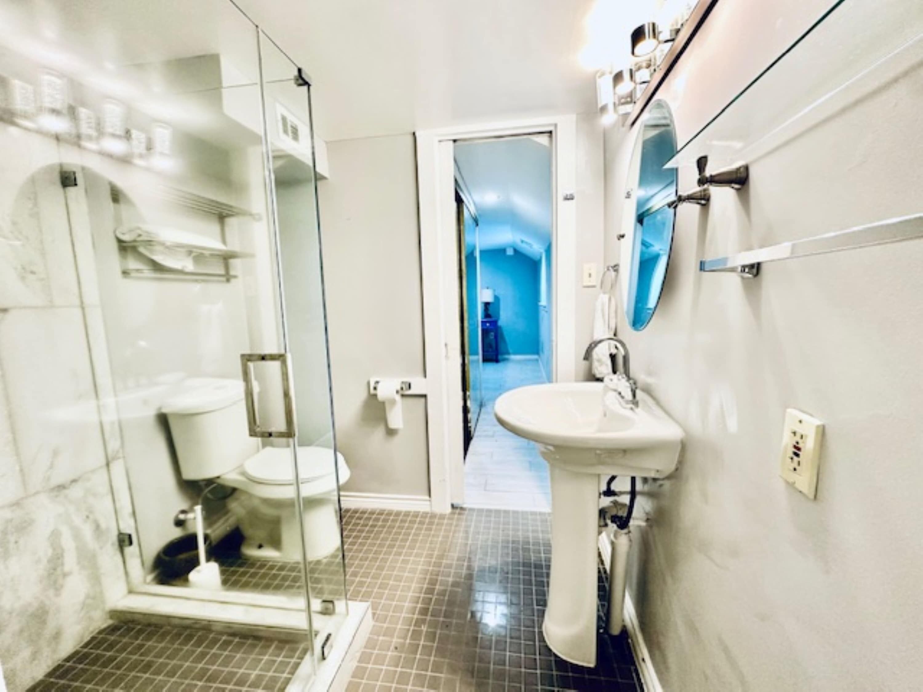 A modern bathroom with a glass shower enclosure, a white sink, and a mirror.