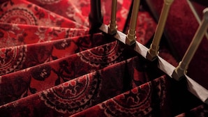 A staircase with a red carpet and a wooden handrail. - The Place Brussels (Brussels)