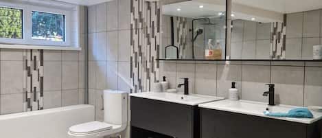 Shower, hair dryer, bidet, towels