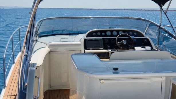 A boat's interior with a steering wheel, dashboard, and seating area. - Dream boat (Tunis)
