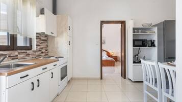 Coffee/tea maker, fridge, microwave, oven