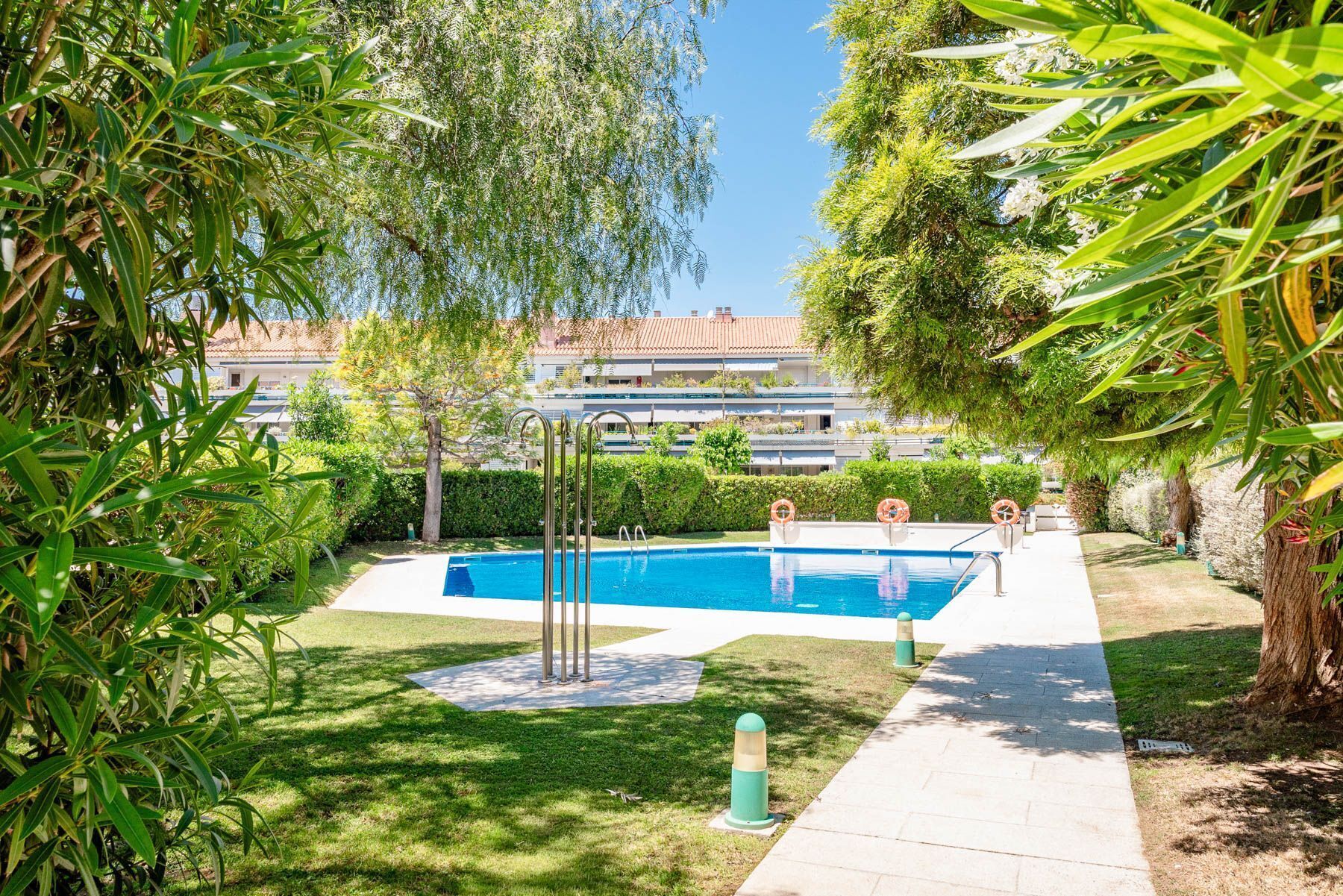 A swimming pool surrounded by greenery, with a clear sky above.