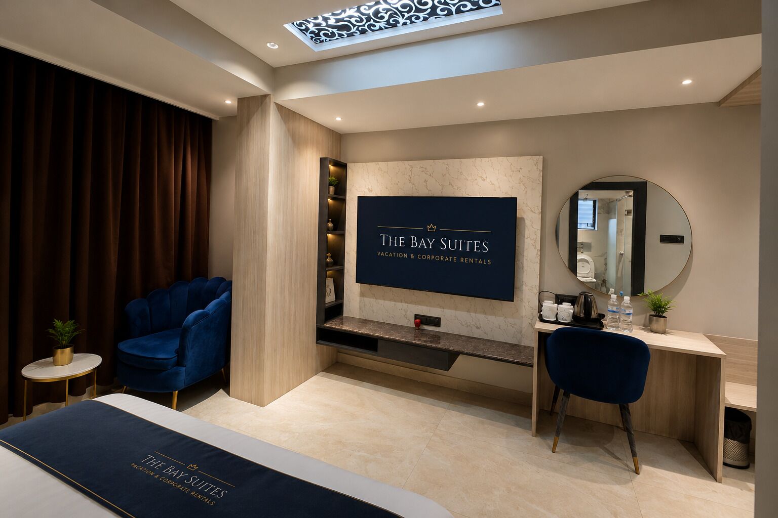 A modern hotel room with a large TV screen displaying 'THE BAY SUITES' branding, a desk with a mirror, a blue chair, and a bed with a dark blue headboard.