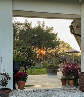 A covered outdoor area with potted plants, a concrete path, and a view of trees and a sunset.