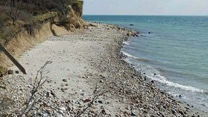 En strand med en sandig kust, klippiga utskjutande partier och gles vegetation.