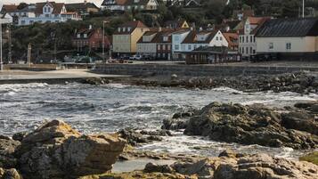 A coastal town with a rocky shoreline, houses with varied architecture, and a church steeple in the background.