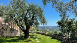 A stone pathway leading to a gazebo, surrounded by olive trees and a stone wall. - Exceptional apartment in Cannes' countryside (Spéracèdes)