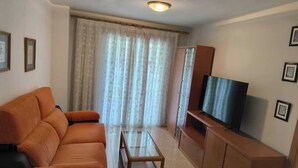 Un saló amb un sofà, una taula de centre, una televisió i un armari.