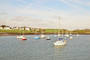 A calm harbor with multiple sailboats and a few motorboats. Houses are visible on the shore. -  The Groomsport 'Bothy'  is a charming unique terraced cottage built 1840 (Groomsport)
