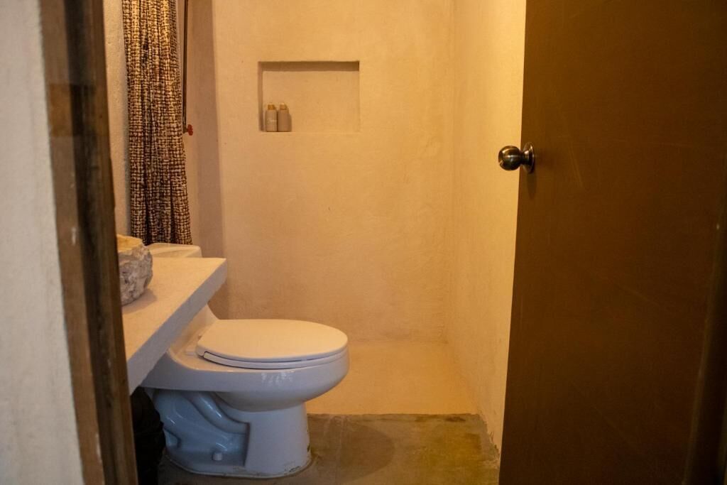 A small bathroom with a toilet, a shelf with toiletries, and a shower curtain.