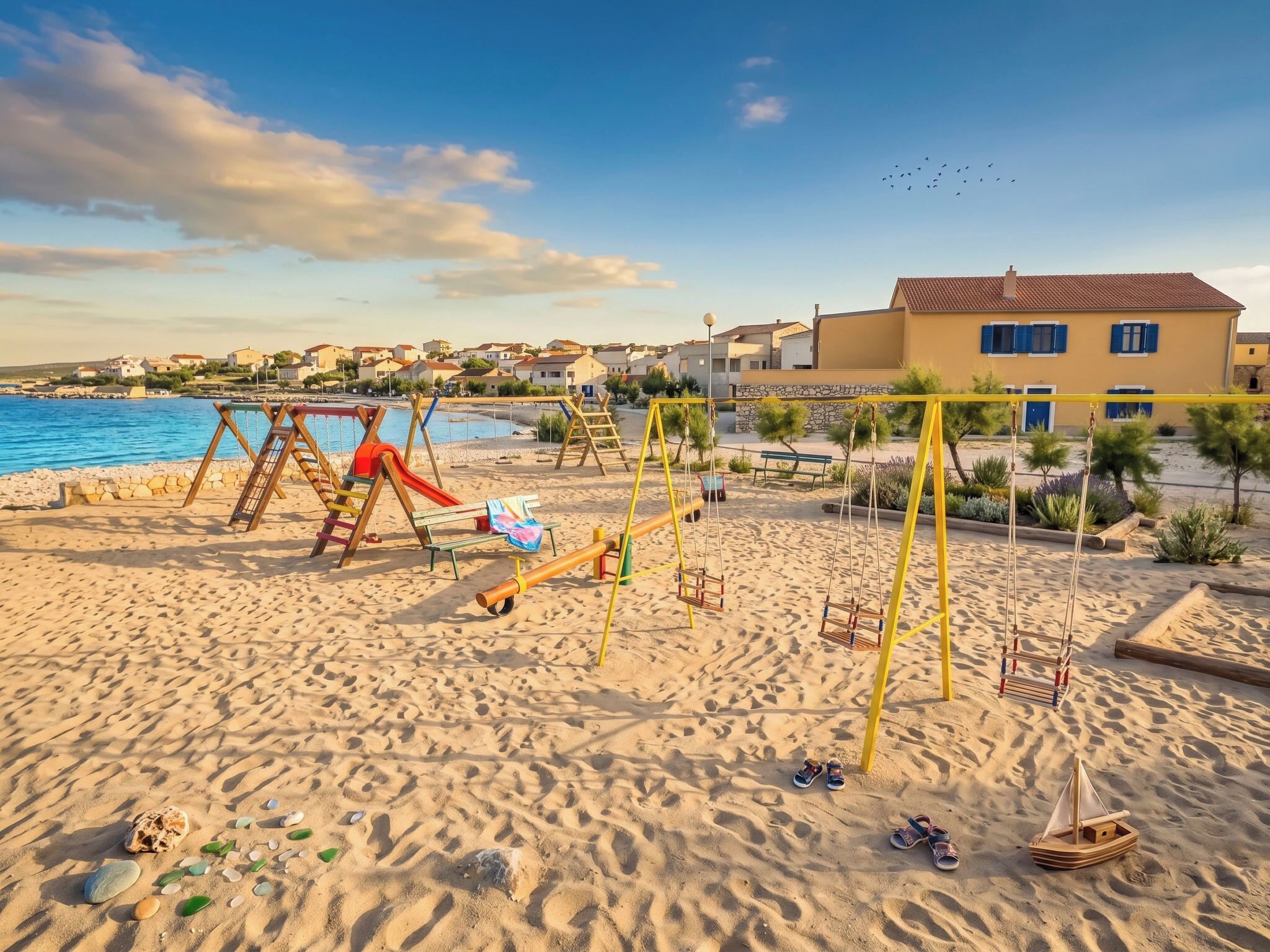 A beach with swings, a small boat, and a building with blue shutters in the background.