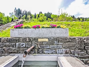 A stone well with a sign reading 'Trinkwasser' and a flower bed with pink flowers.