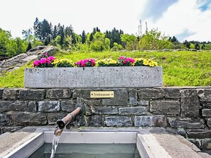Ein Wasserspiel mit einem Schild, auf dem 'Trinkwasser' steht, umgeben von einer Steinmauer und einem Blumenbeet mit rosa und gelben Blüten.