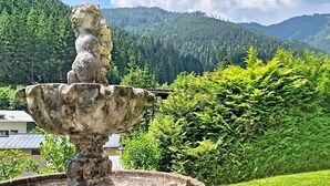 Una fuente de piedra con agua, rodeada de abundante vegetación y montañas al fondo.