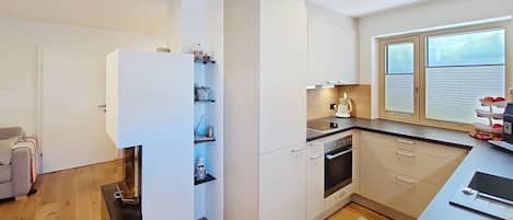 Refrigerador, horno, lavavajillas y utensilios de cocina