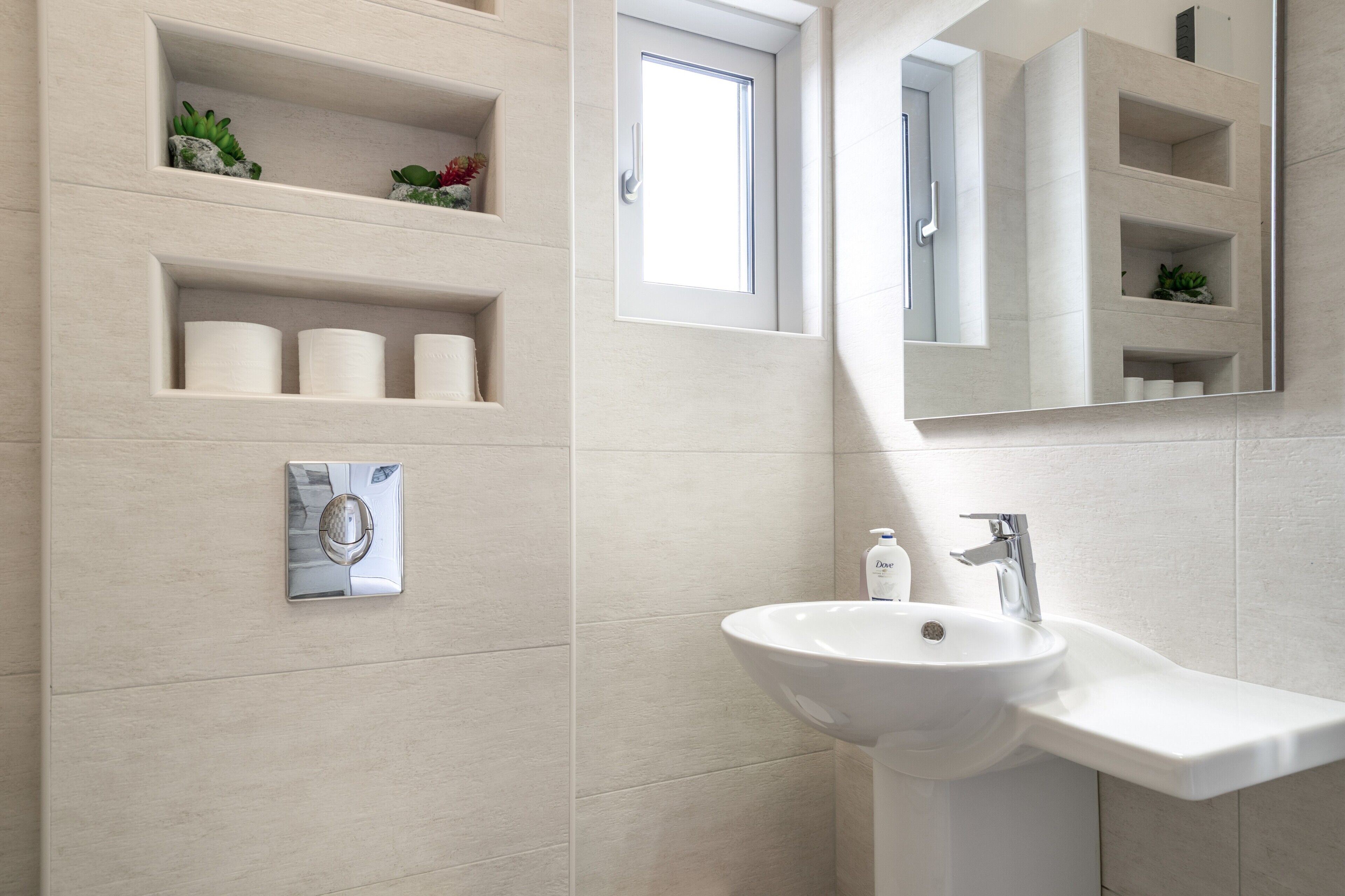 Un baño con lavamanos blanco, un espejo y repisas con artículos de aseo personal y plantas.