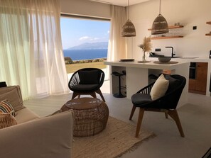 Ein modernes Wohnzimmer mit Meerblick, eine Küche mit Holzböden und ein Essbereich.