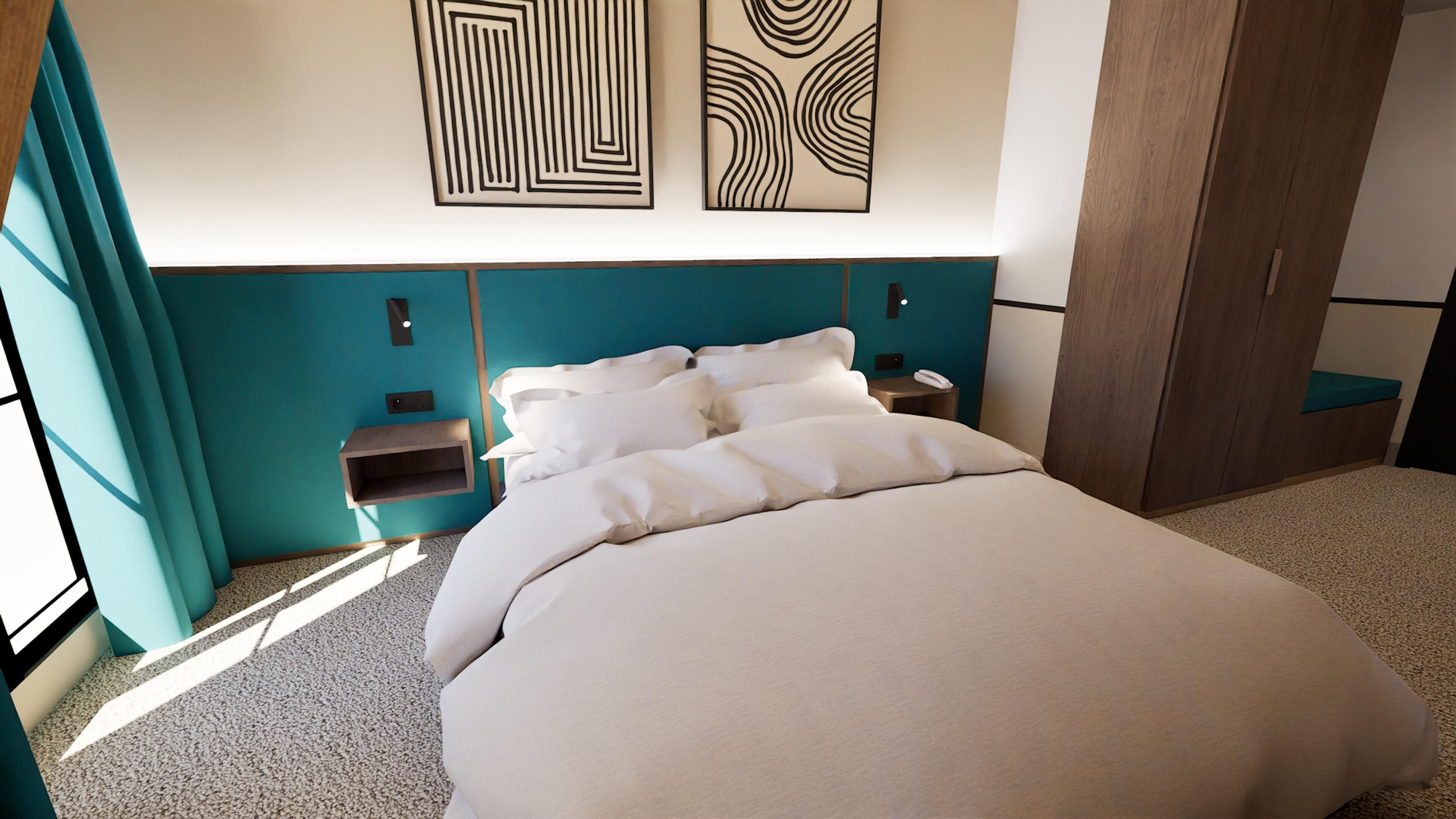 Una cama bien hecha con sábanas blancas, una pared de acento color turquesa, un armario de madera y una mesita de noche pequeña con un teléfono.