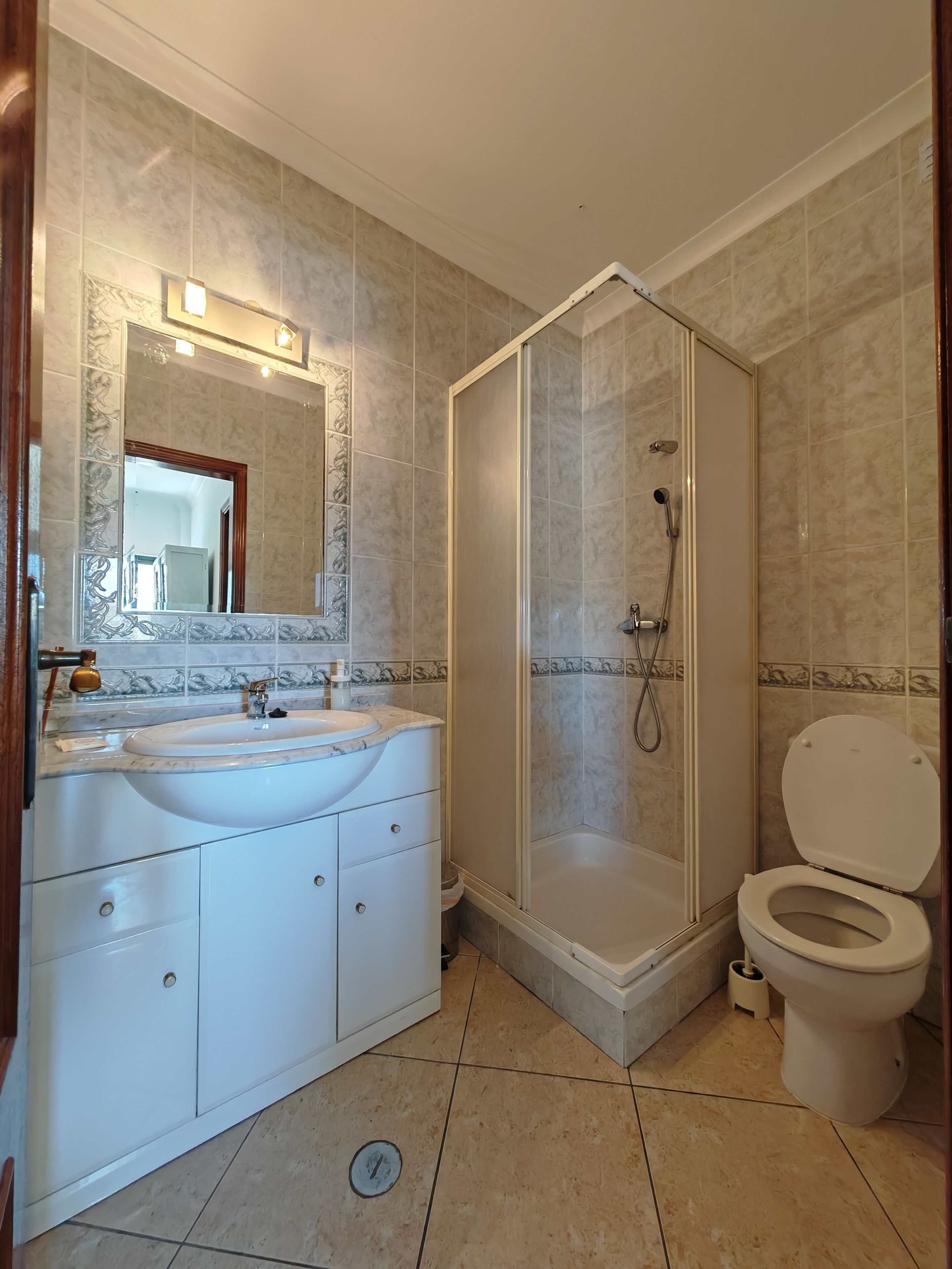 A bathroom with a sink, mirror, shower, and toilet.