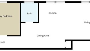 Pianta degli ambienti che mostra una camera da letto, la camera matrimoniale, il bagno, la cucina, il soggiorno, la sala da pranzo e un disimpegno.