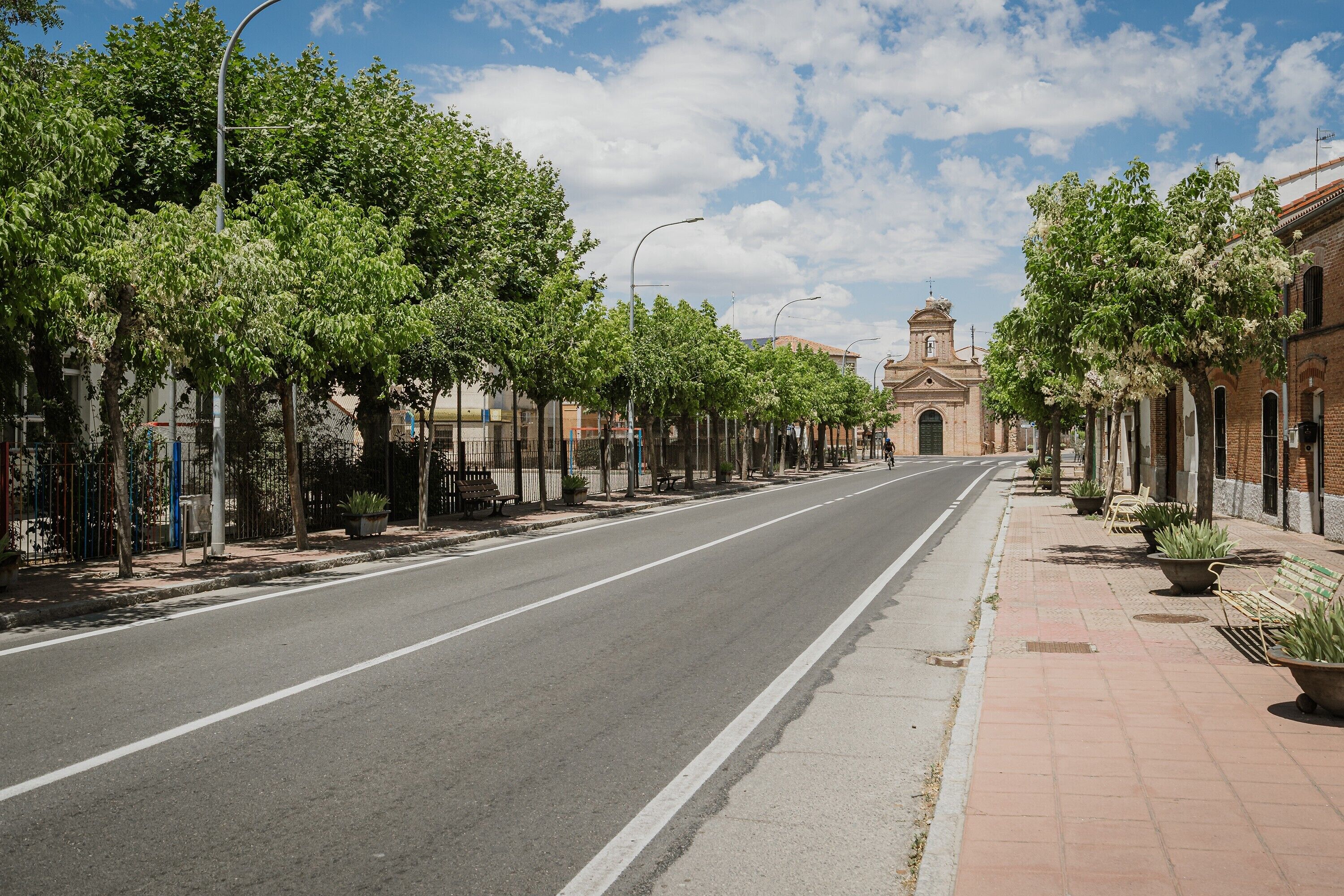Una calle bordeada de árboles y edificios, cielo despejado y una iglesia a lo lejos.