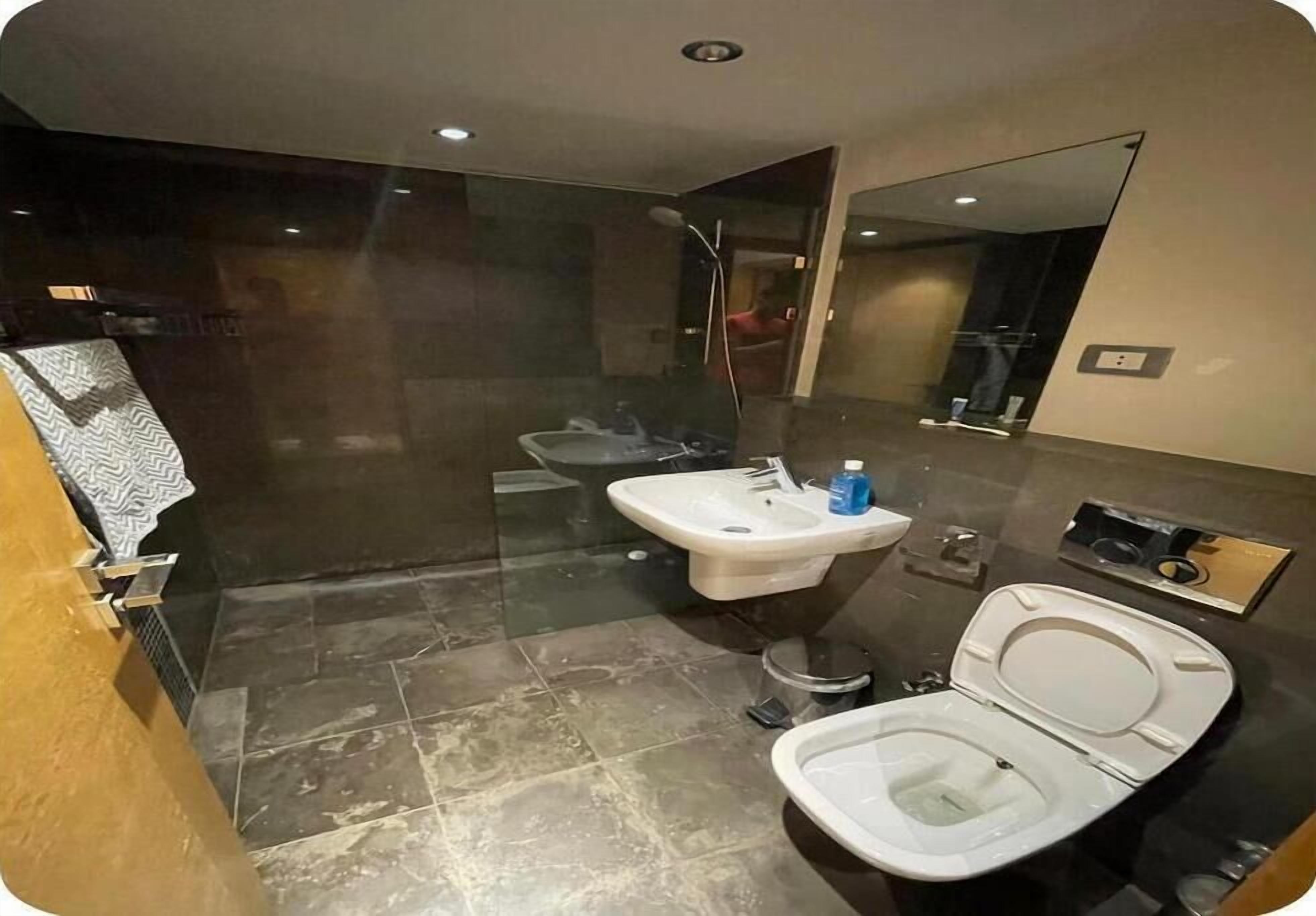 Een moderne badkamer met een douchecabine van glas, een wastafel en een toilet.