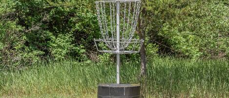 Un panier de disc golf en métal, fixé sur un poteau dans un champ herbeux, avec un feuillage dense en arrière-plan.