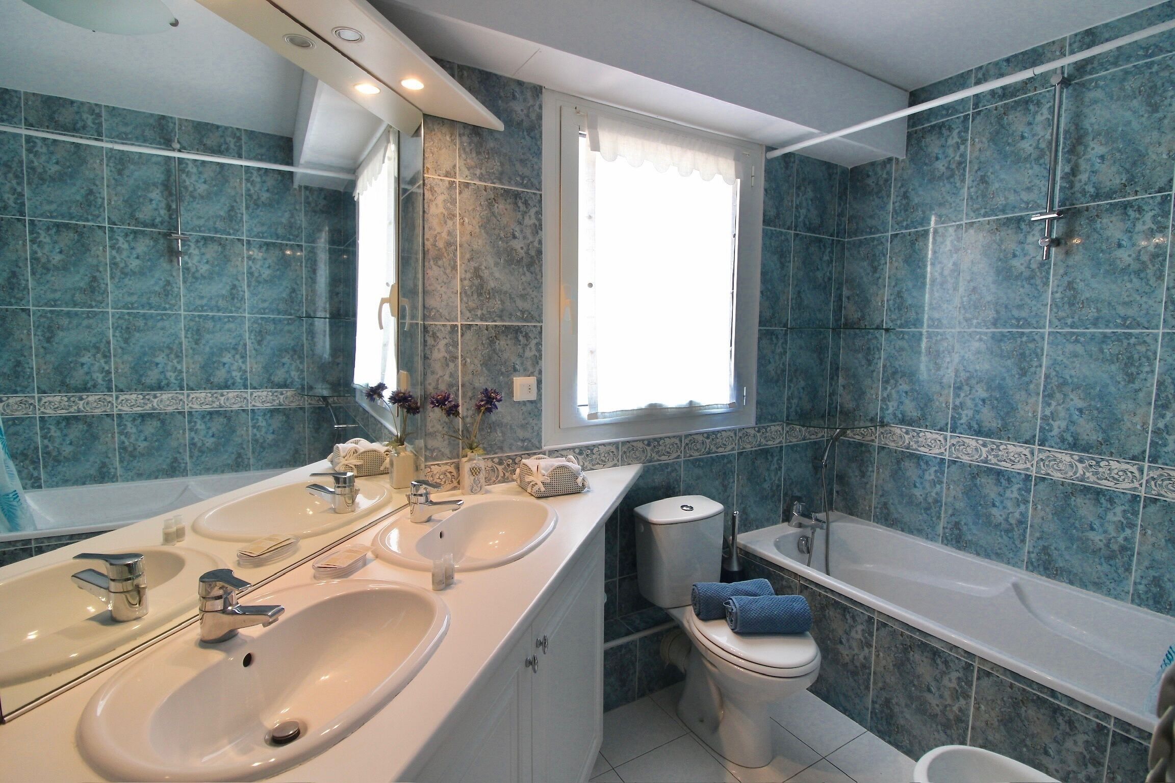 Hair dryer, bidet, towels, soap