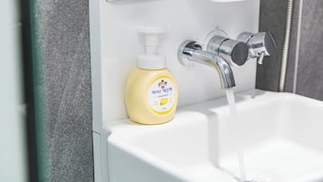 Hair dryer, towels, soap, toilet paper
