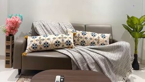Un salon moderne avec un canapé, deux tableaux encadrés, une table basse et une plante en pot.