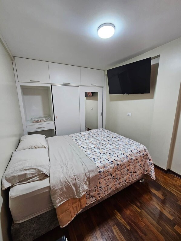 Un dormitorio con cama, armario, televisor y luz de techo.