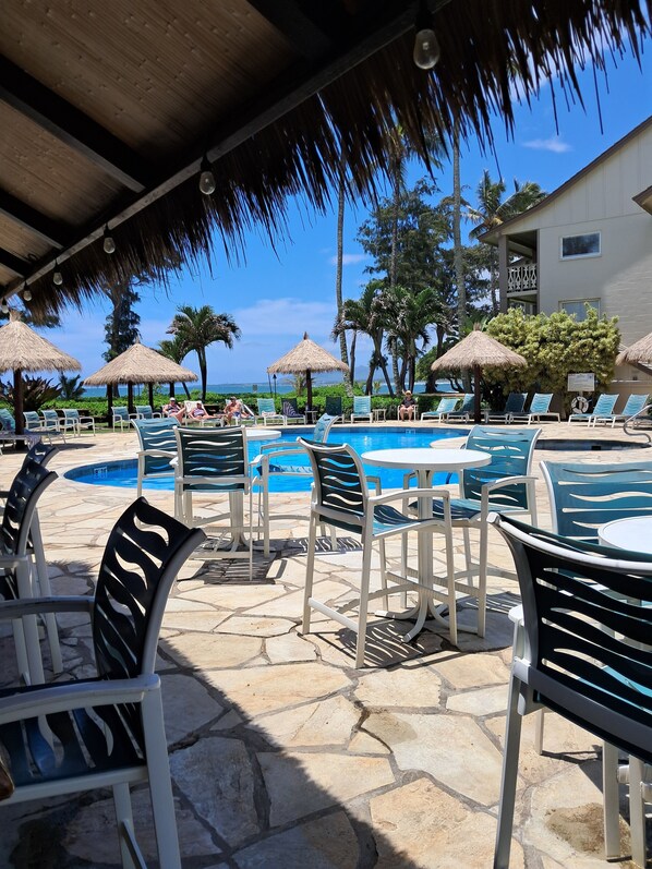 A poolside area with lounge chairs and umbrellas, a clear view of the ocean, and a building with a balcony. - ISLANDER ON THE BEACH #256
Spectacular sunrises just a few steps to the Ocean! (Kapaʻa)