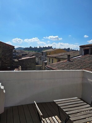 A rooftop terrace with a view of historic buildings and a distant castle. - Apartment with view on city of Carcassonne (Carcassonne)