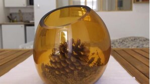 A clear glass vase with a pine cone on a wooden table.