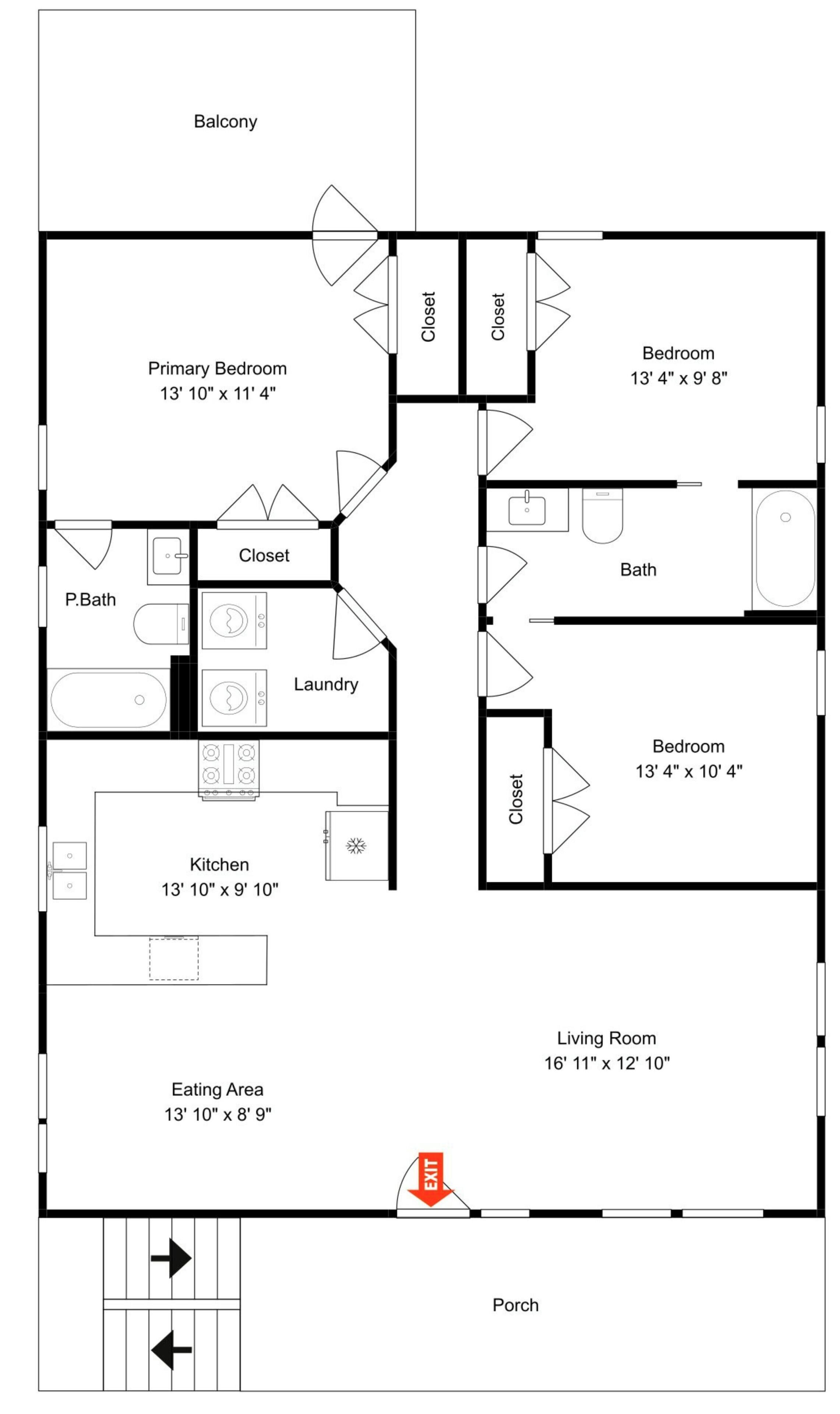 Un plan d’étage comprenant un balcon, une chambre principale, une chambre secondaire, une salle de bain, une cuisine, un coin repas, un salon et une véranda.