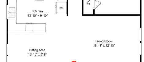 A floor plan with a balcony, primary bedroom, secondary bedroom, bathroom, kitchen, dining area, living room, and a porch.