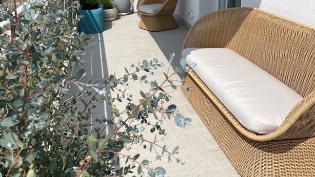A wicker sofa with a cushion, a potted plant, and a clear sky. - Villa Luigia Garda. "Azure" (Peschiera del Garda)