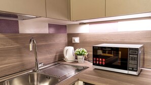 A modern kitchen with a stainless steel sink, a microwave, and a small potted plant. - Daisy Flowers by Wonderful Italy (Venice)
