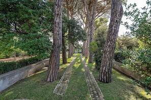 Un sentier bordé d’arbres et délimité par une bordure de pierres, qui traverse un jardin.