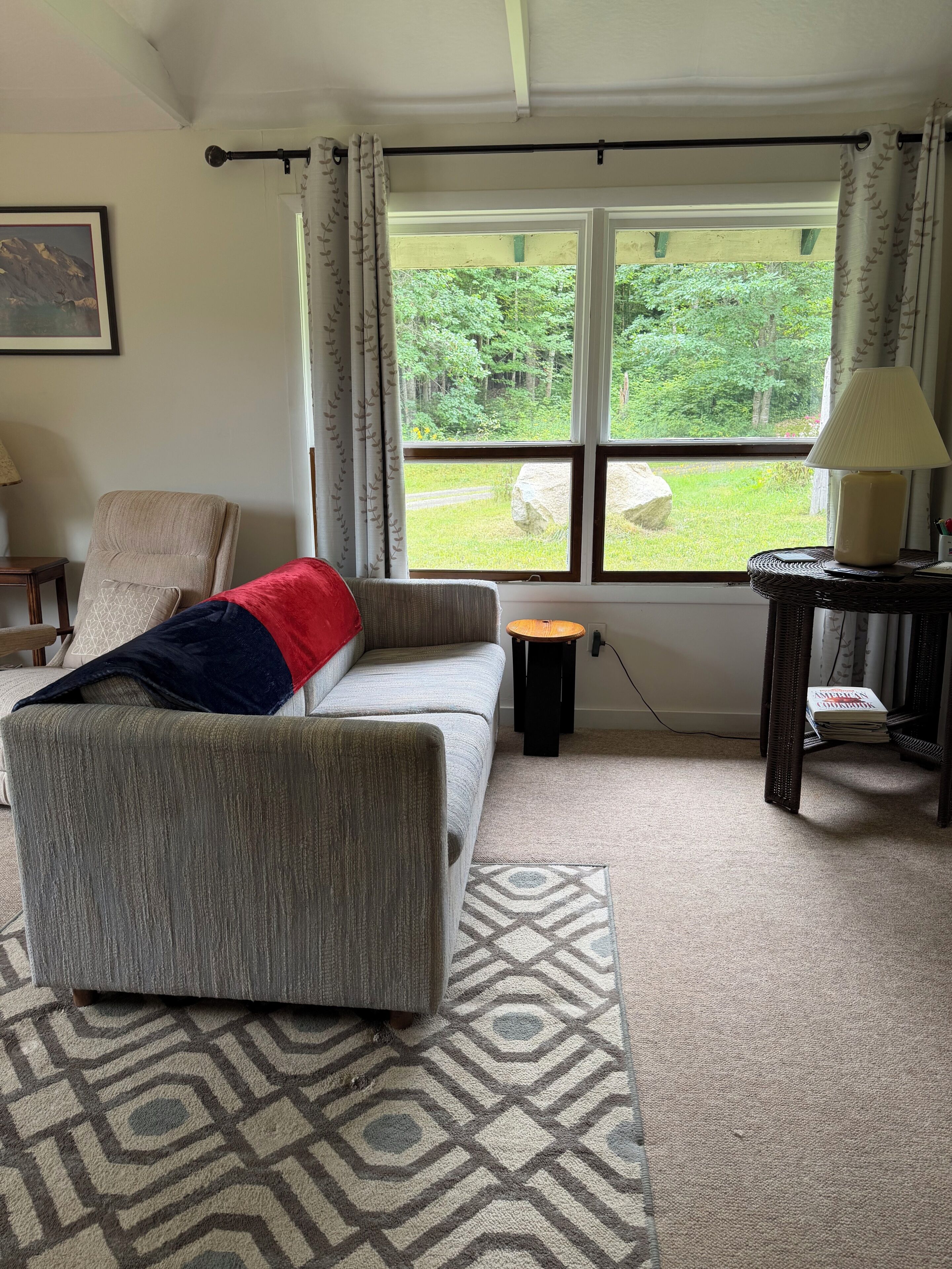 A living room with a sofa, a small table, a lamp, and a view of greenery outside.