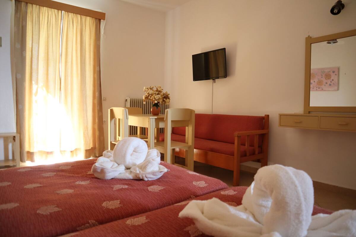 Quarto de hotel com cama, poltrona, mesa com um vaso de flores, televisão na parede e espelho.
