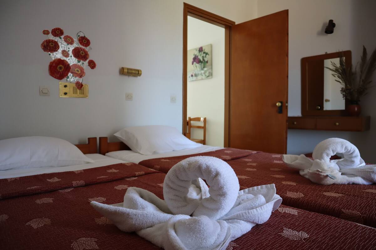 Quarto de hotel com duas camas, uma porta de madeira, um espelho e um adorno na parede.