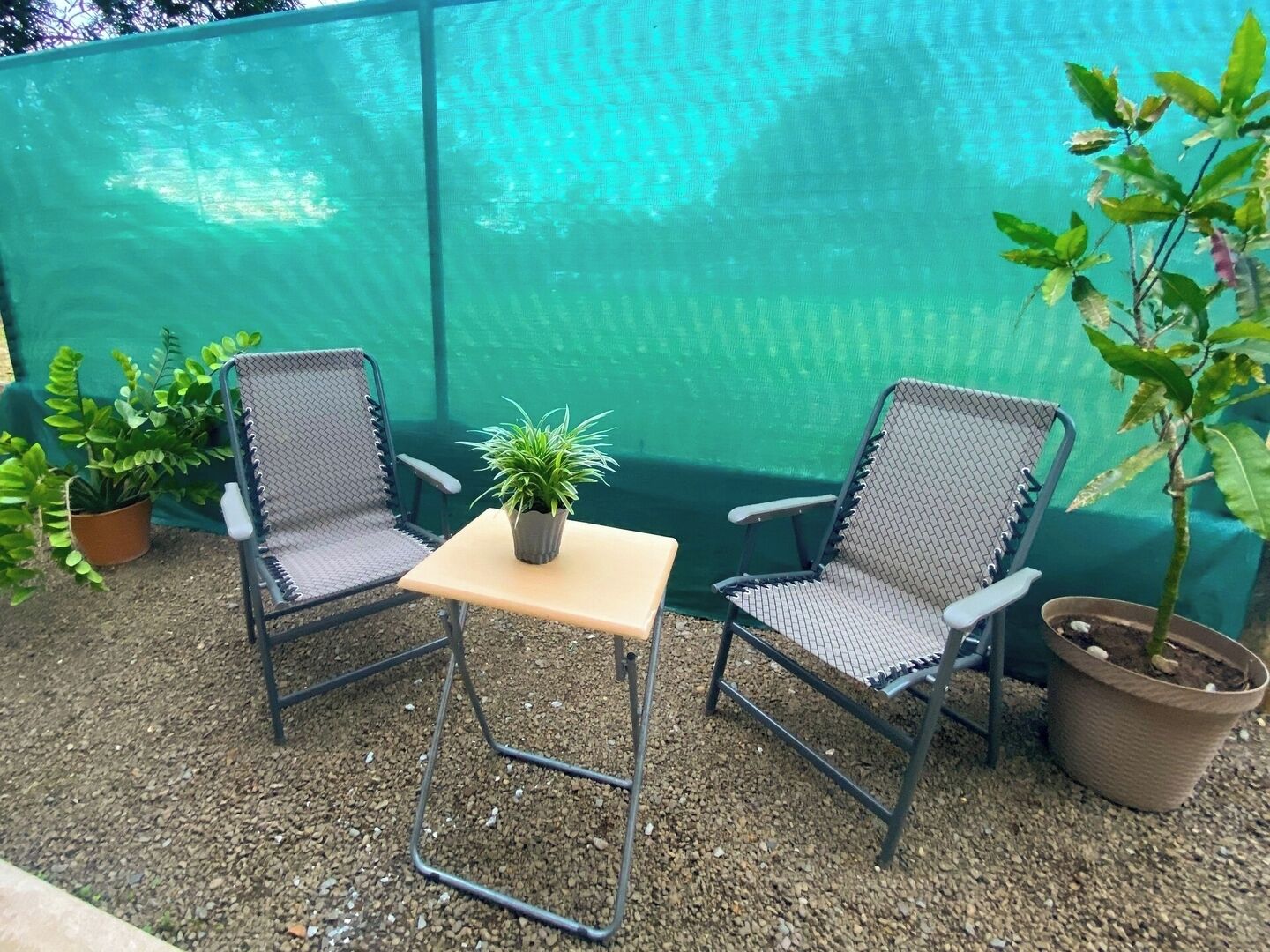 Two metal chairs with mesh backs, a small table, and potted plants in an outdoor seating area.
