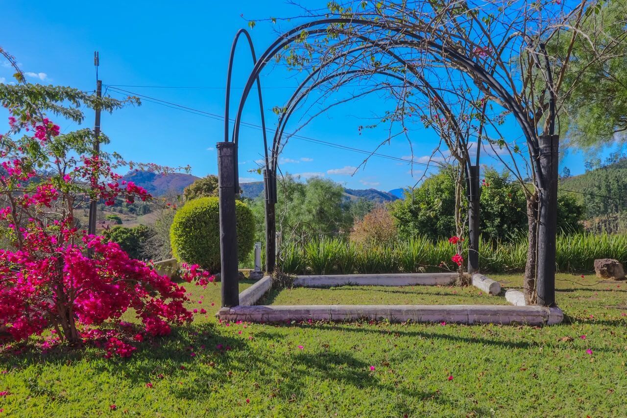 Un jardín con un pabellón, un pequeño estanque y un árbol de flores rosadas.